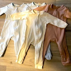 Larkspur 2 footies in light blue-grey and two rompers in neutrals 3-6 months
